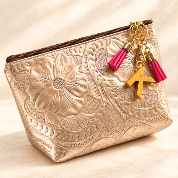 Personalized Leather Makeup Bag: Floral Boho Travel Toiletry Case