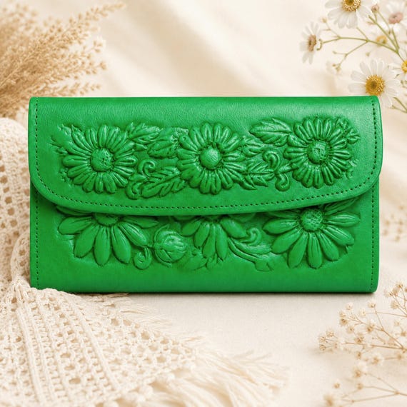 Boho Floral Leather Wallet for Women, Embossed Sunflower Long Wallet, Unique Gift for Her