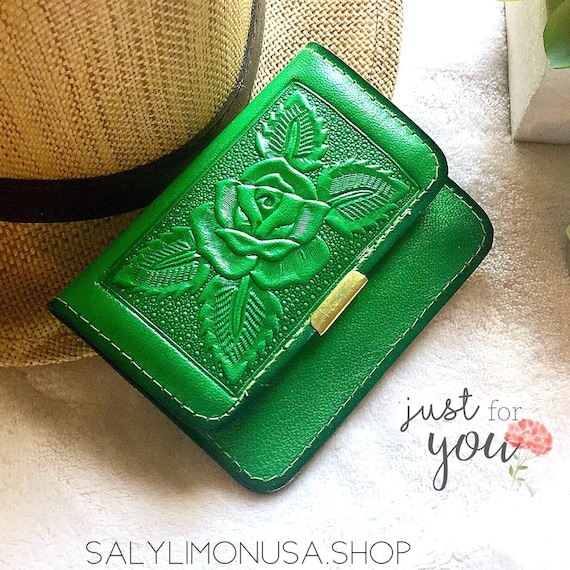 Handmade Rose Embossed Leather Wallet for Women: Small Pocket ID Wallet