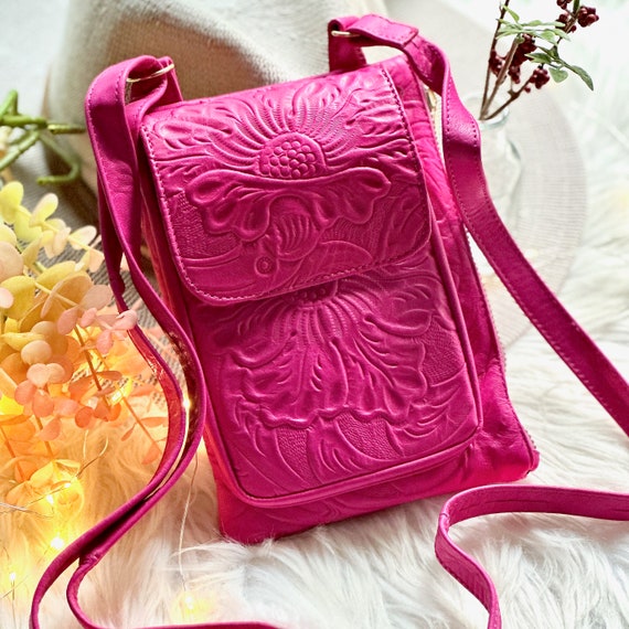 Personalized Leather Crossbody Phone Bag – Small Embossed Floral Cellphone Purse with Adjustable Strap