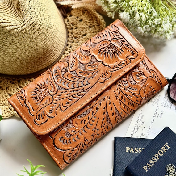 Family Passport Holder • Tooled Leather Travel Wallet • Gift for Mom