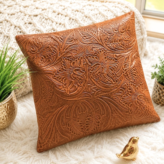 Handmade Tooled Leather Pillow Cover - Personalized Throw Pillow Cover - Floral Boho Cushion - Western Home Decor - Housewarming Gift