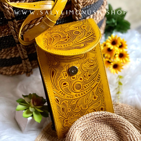 Yellow Floral Leather Crossbody Bag for Women, Small Phone Purse, Boho Tooled Leather Bag, Handmade Western Crossbody, Gift for Mom