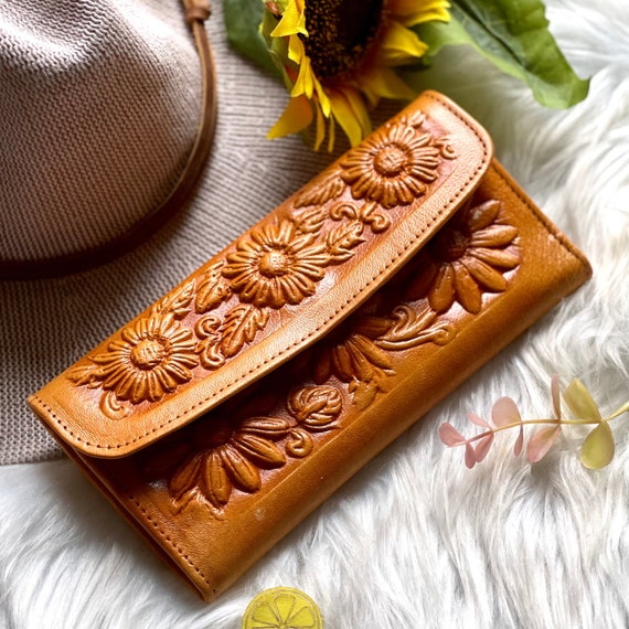 Handmade embossed Sunflowers Leather wallets for women • personalized gifts for her