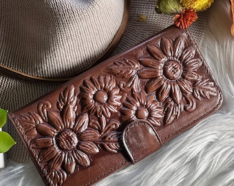 Boho Handmade Sunflower leather Wallets for women • Personalized Gifts for Her • Sustainable Fashion