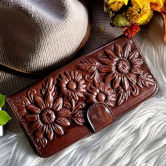 Handmade Embossed Leather Sunflower Wallets for Women - Cottagecore Gift