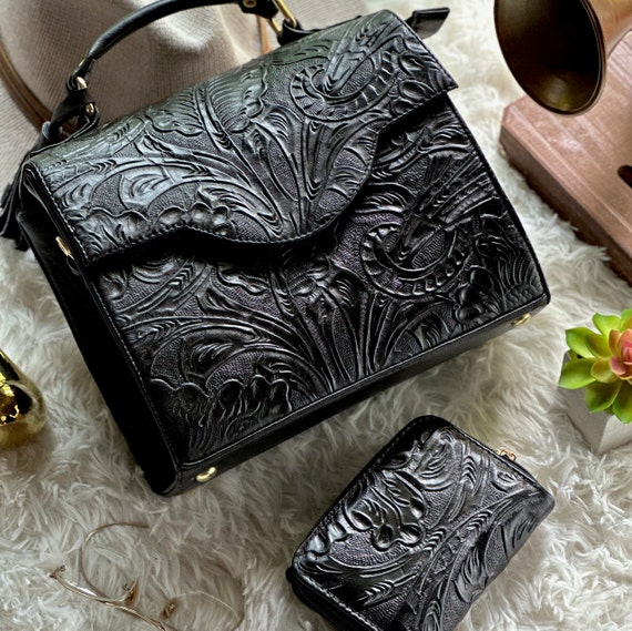 Handmade Leather Purse and Wallet Set • Vintage Style Floral Embossed Bag •  Genuine Leather Engraved