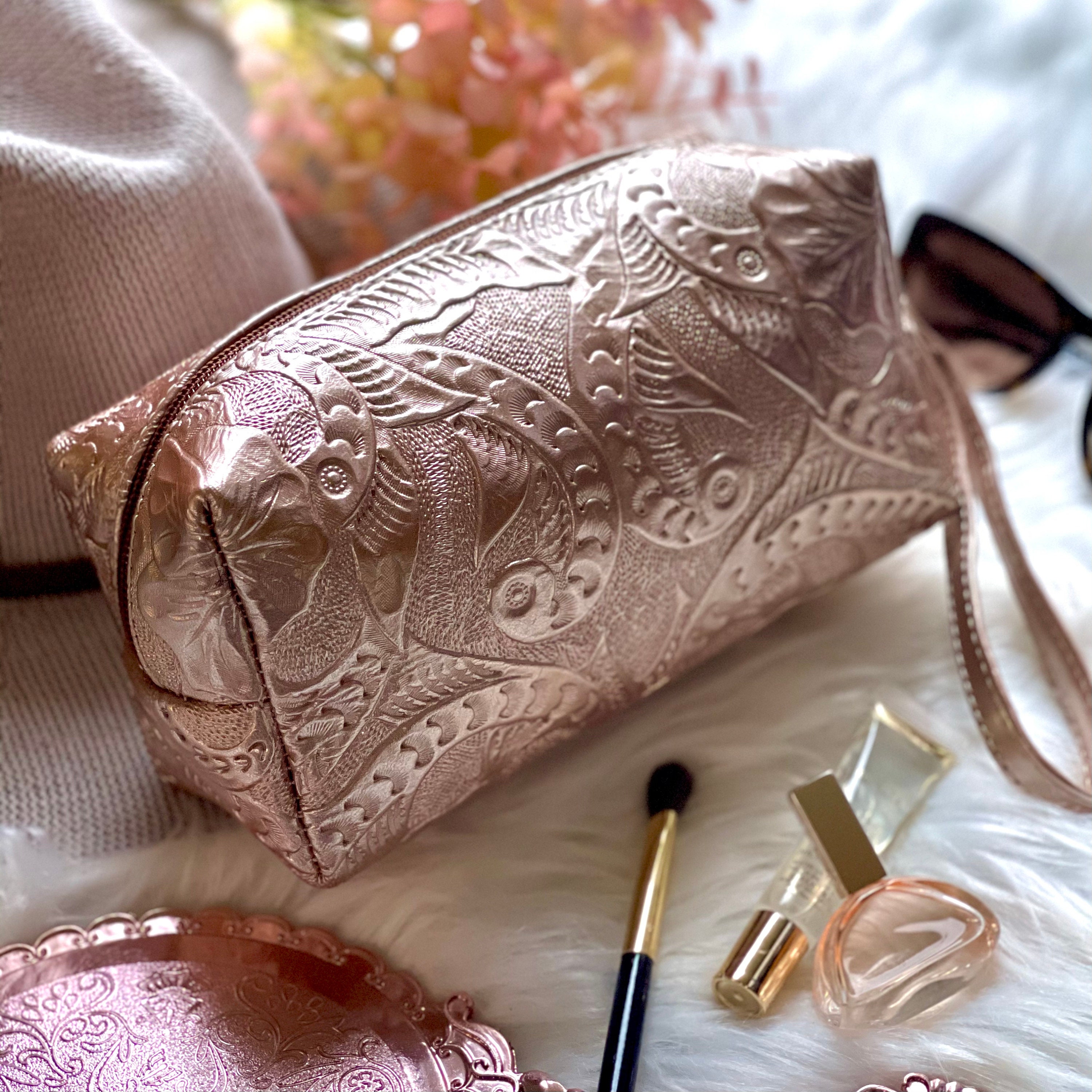 Handmade sustainable tooled leather makeup bag • cosmetic bag • Travel