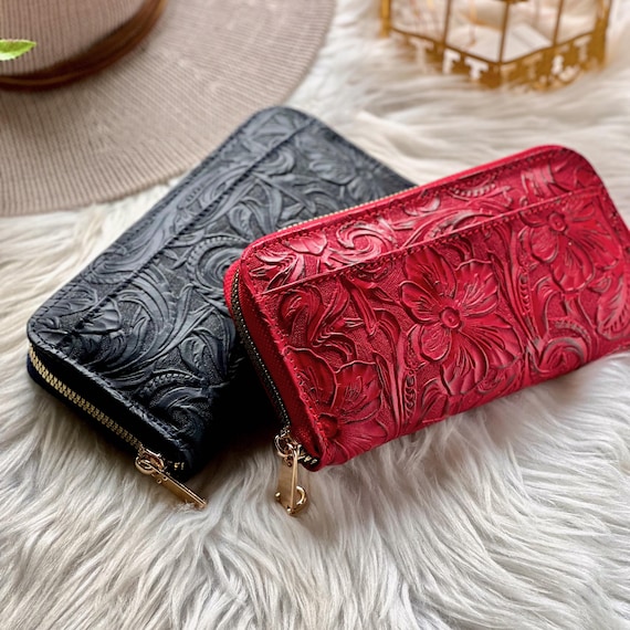 Engraved Leather Zip Wallet for Women: Personalized Floral Wallet