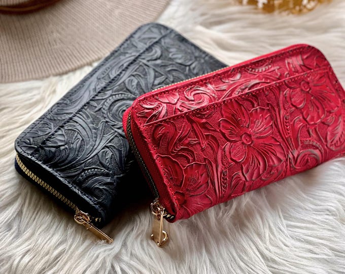 Engraved Leather Zip Wallet for Women: Personalized Floral Wallet