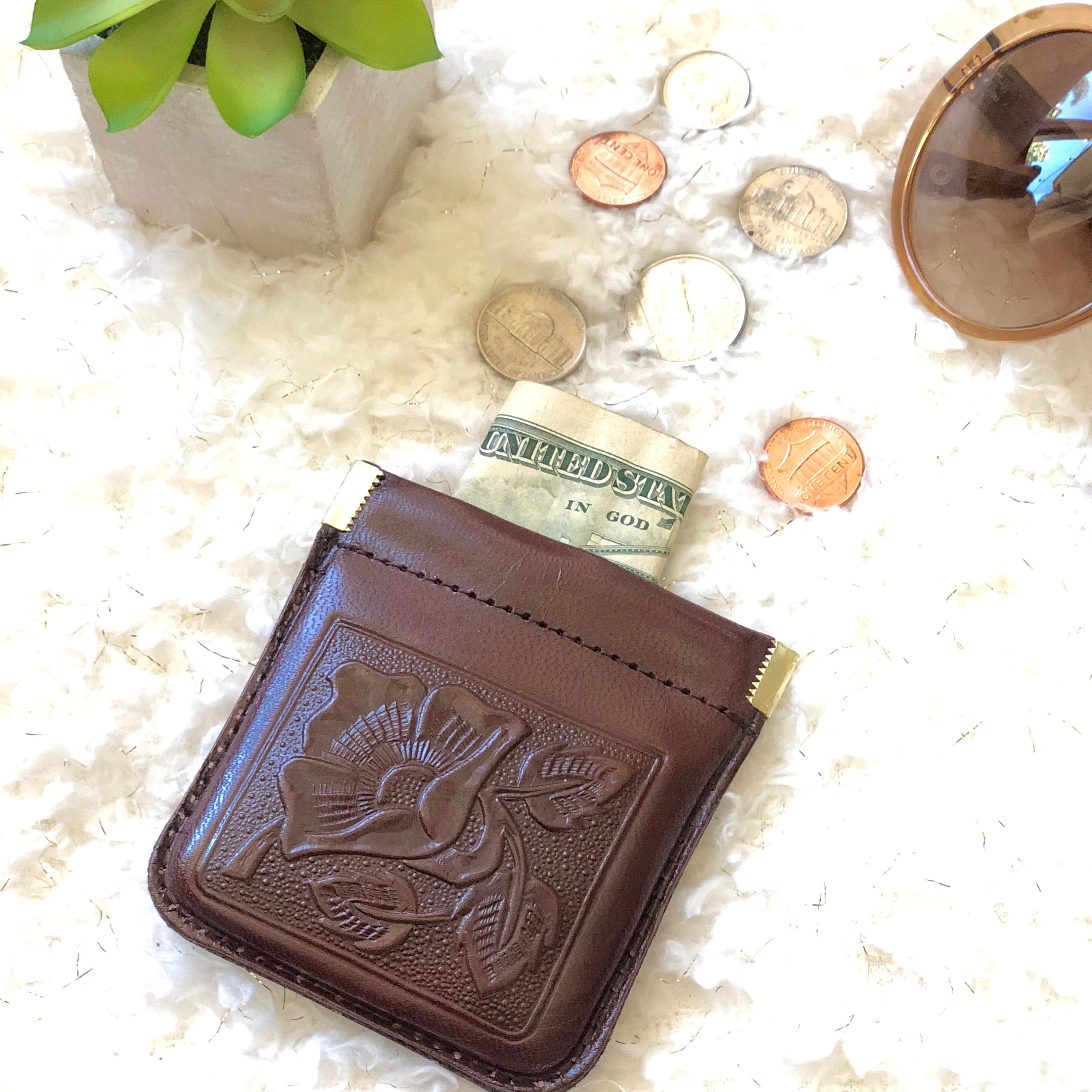 Leather Headphone Case, Tooled Leather coin purse, Tooled Leather