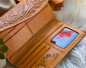 Personalized Leather Wallet for Women • Custom Name Wallet • Long Boho Gift for Her • Holiday Gift for Wife • Handmade Wallet