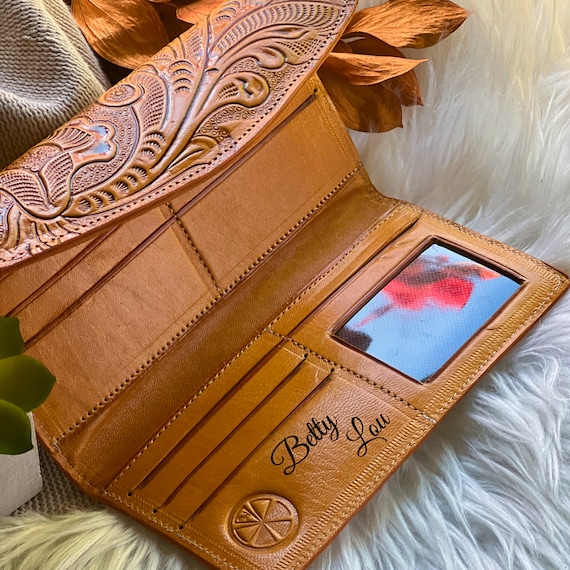 Personalized Leather Wallet for Women: Long Boho Wallet, Custom Engraved Gift