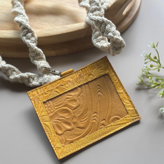 Macrame Badge Holder, Leather ID Holder, Teacher Lanyard, Nurse Badge Holder, Boho Work Lanyard, Floral Leather Card Holder Gift