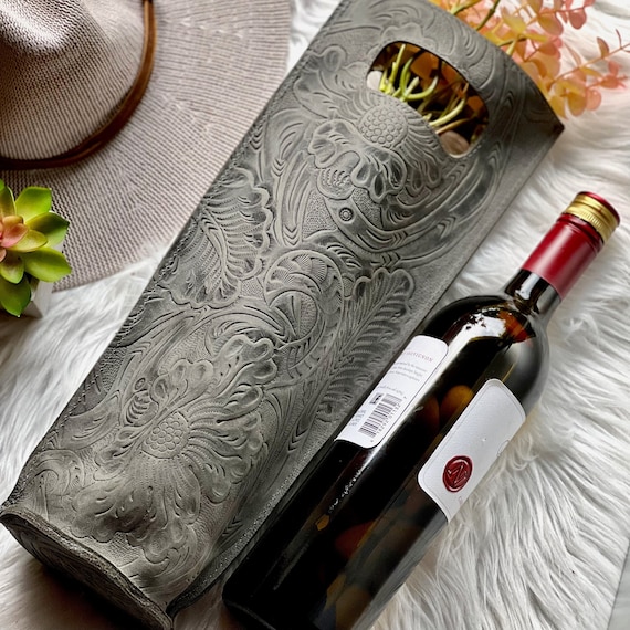 Personalized Leather Wine Tote Bag: Handmade Floral Embossed Carrier