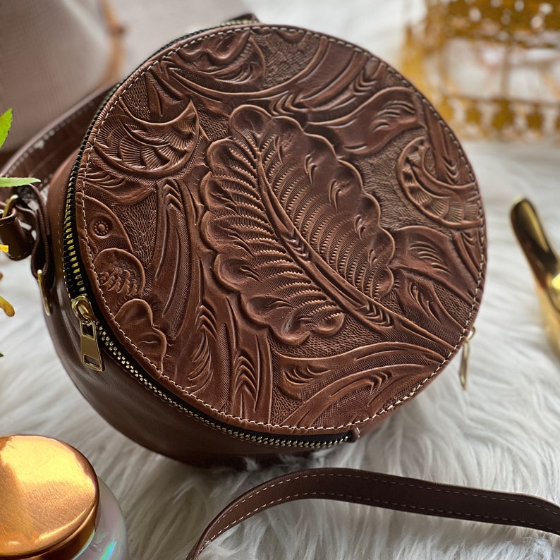 Cute tooled leather round bag crossbody bag women leather gifts for her small bags for women image 7