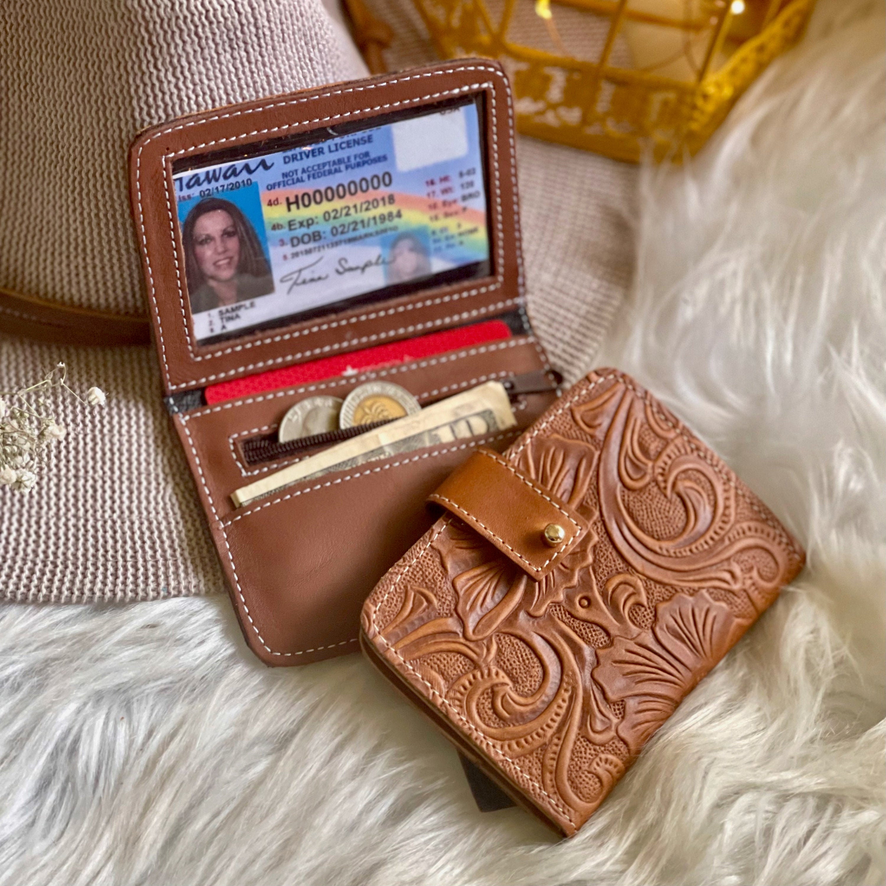 READY / Blue Leather Wallet With Hand Paitig Mandalas for