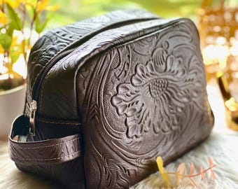 Embossed Leather Toiletry Bag: Handmade Boho Cosmetic Travel Pouch