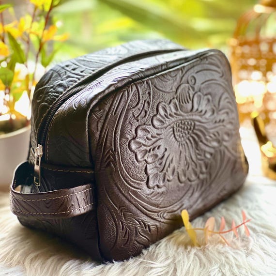 Embossed Leather Toiletry Bag: Handmade Boho Cosmetic Travel Pouch