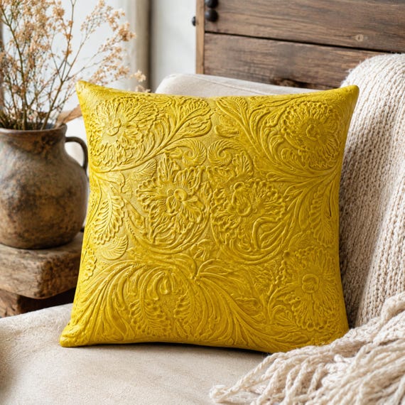 Rustic Farmhouse Leather Cushion Cover, Handmade Tooled Leather Throw Pillow, Western Floral Accent Pillow, Personalized Gift