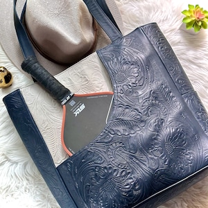 Embossed Leather Pickleball Tote Bag: Handmade Floral Court Bag
