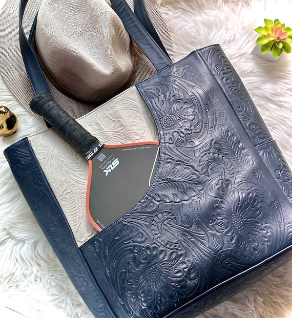 Embossed Leather Pickleball Tote Bag: Handmade Floral Court Bag