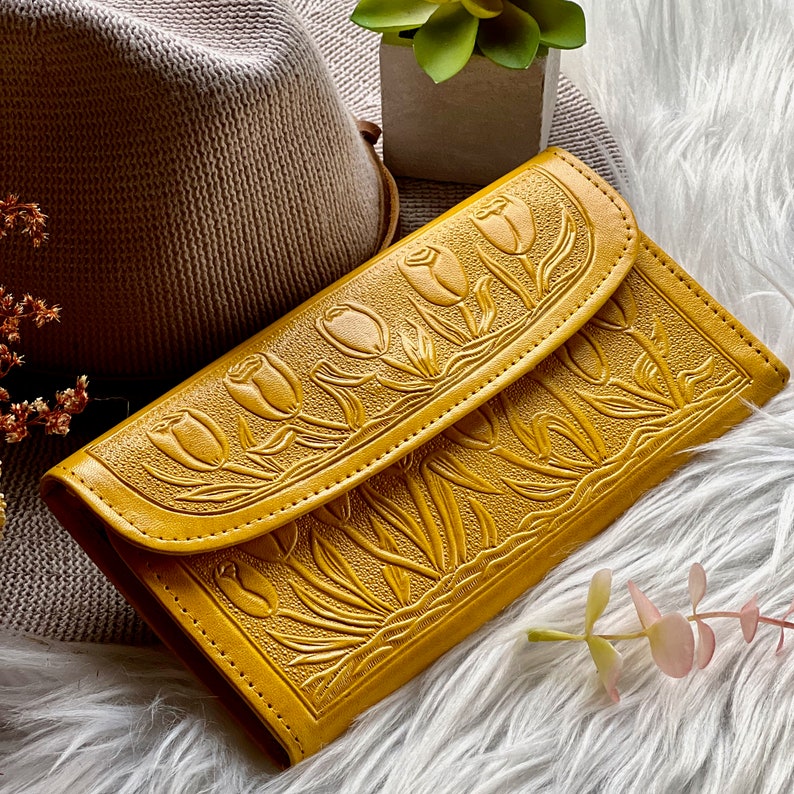 Handcrafted leather woman wallets Embossed leather wallets long wallets for women leather gifts image 2