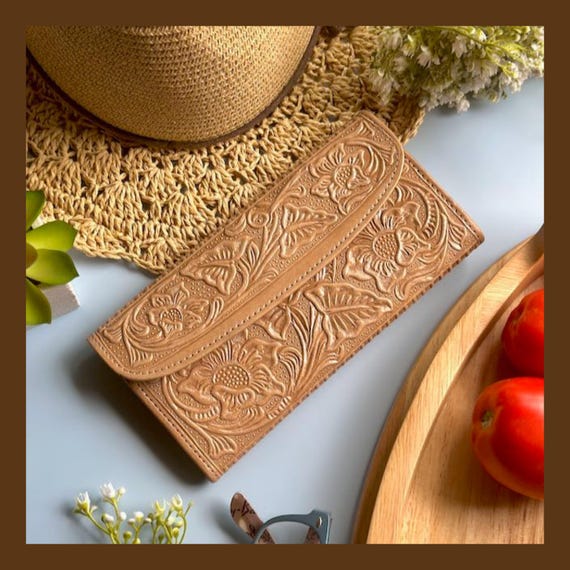 Embossed Floral Leather Wallet for Women: Handmade Boho Style