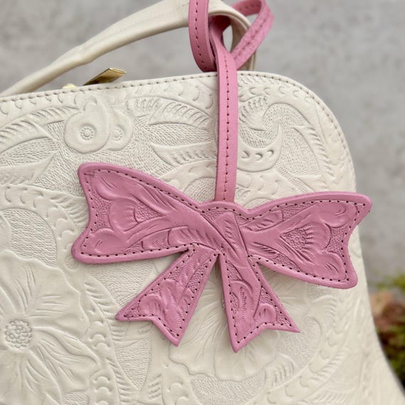 Hand-Tooled Bow Purse Charm, Personalized Leather Luggage Tag, Custom Engraved Bag Charm