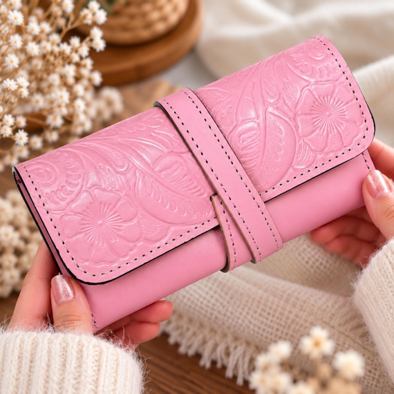 Embossed Leather Desk Organizer, Floral Cable & Cord Case, Handmade Office Accessory, Gift for Her