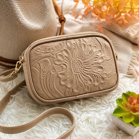 Embossed Leather Crossbody Bag: Personalized Mini Purse, Handmade Leather