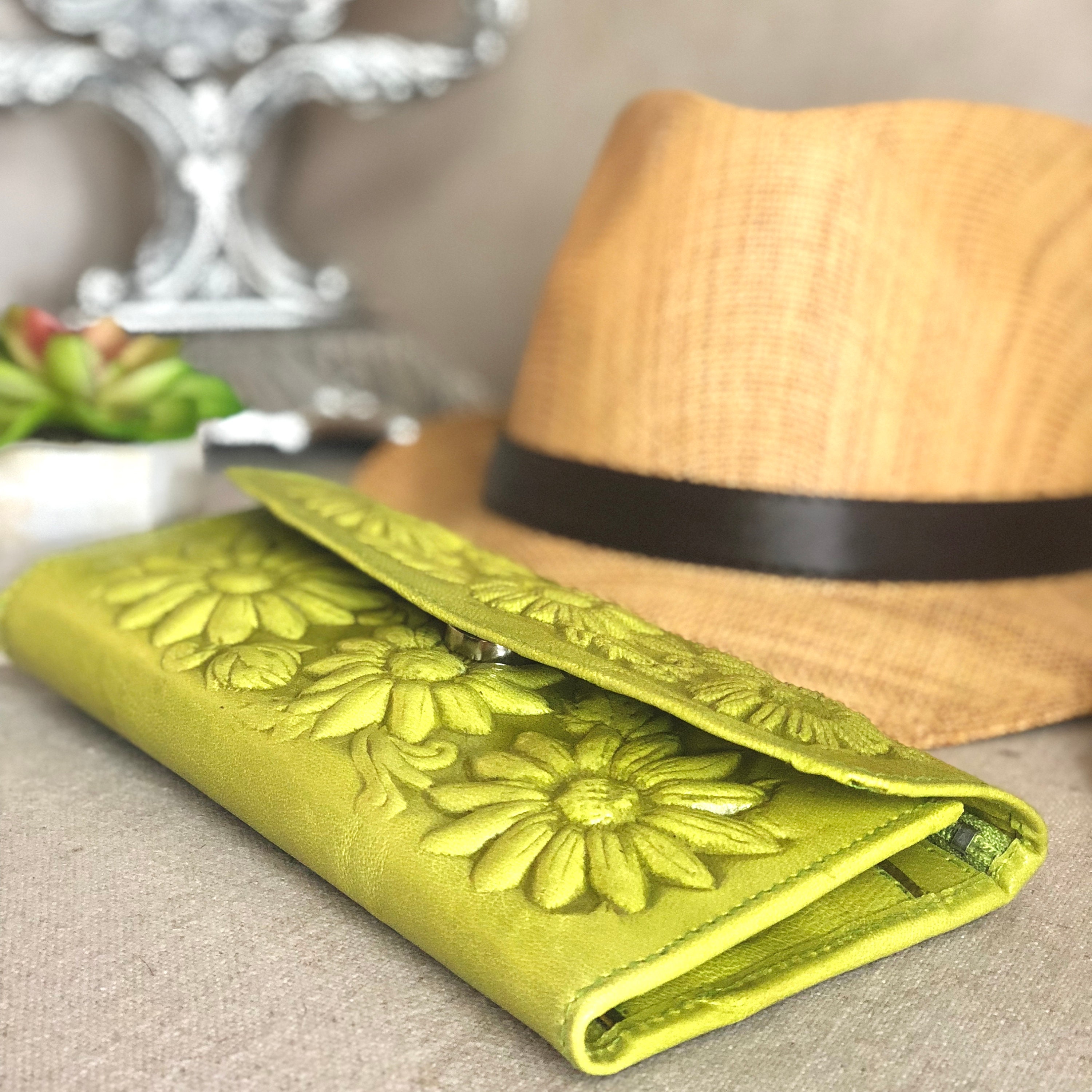 Women's Wallet* Lime Green*Leather Wallet*Floral Wallet*Bohemian Wallet