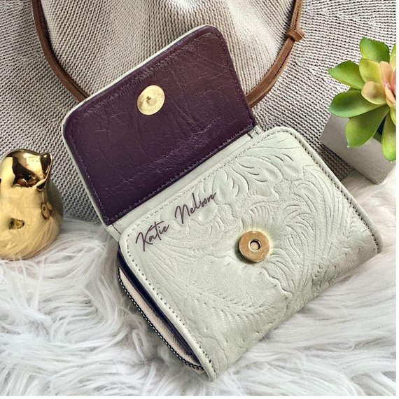 Personalized Beige Leather Wallet: Women's Engraved Zipper Wallet