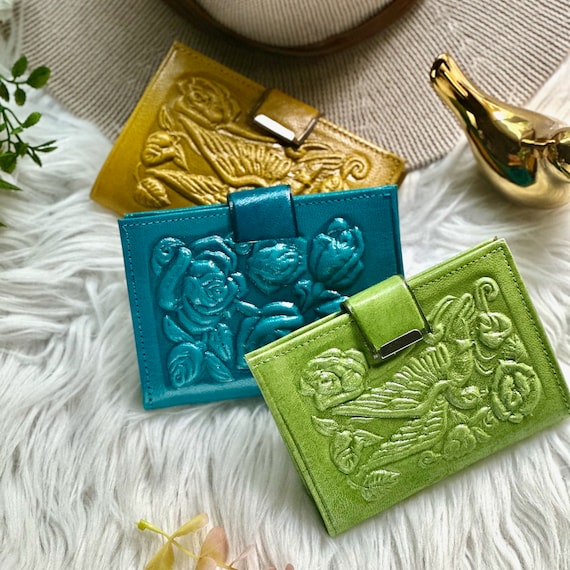 Handmade Leather Bifold Wallet: Embossed Floral Small Wallet