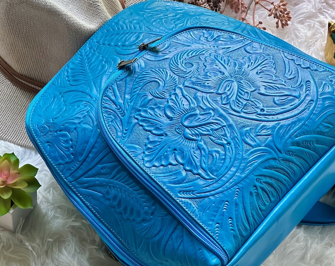 Handmade Embossed Leather backpack purse •  Leather laptop bag • floral backpack • Personalized gifts