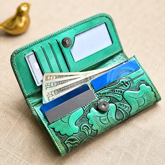 Mint Green Floral Tooled Leather Women's Wallet, Long Bifold with Custom Engraving