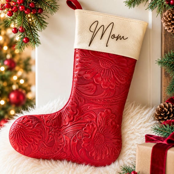 Personalized Leather Christmas Stocking, Embossed Western Floral Stocking