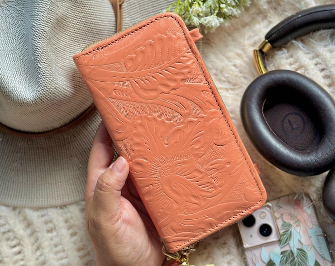 Handmade Floral Leather Wristlet • Crossbody Clutch Wallet • Personalized Gift for Her