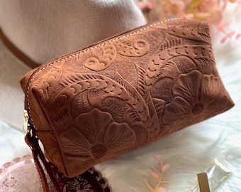 Floral Tooled Leather Makeup Bag: Personalized Cosmetic Bag