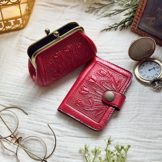 Leather Wallet & Coin Purse Set for Women - Floral Embossed, Handmade Personalized Gift