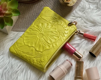 Small Floral Leather Makeup Bag • Mini Zipper Pouch for Purse & Travel