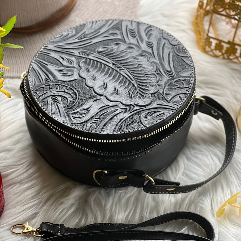 Cute tooled leather round bag crossbody bag women leather gifts for her small bags for women image 1