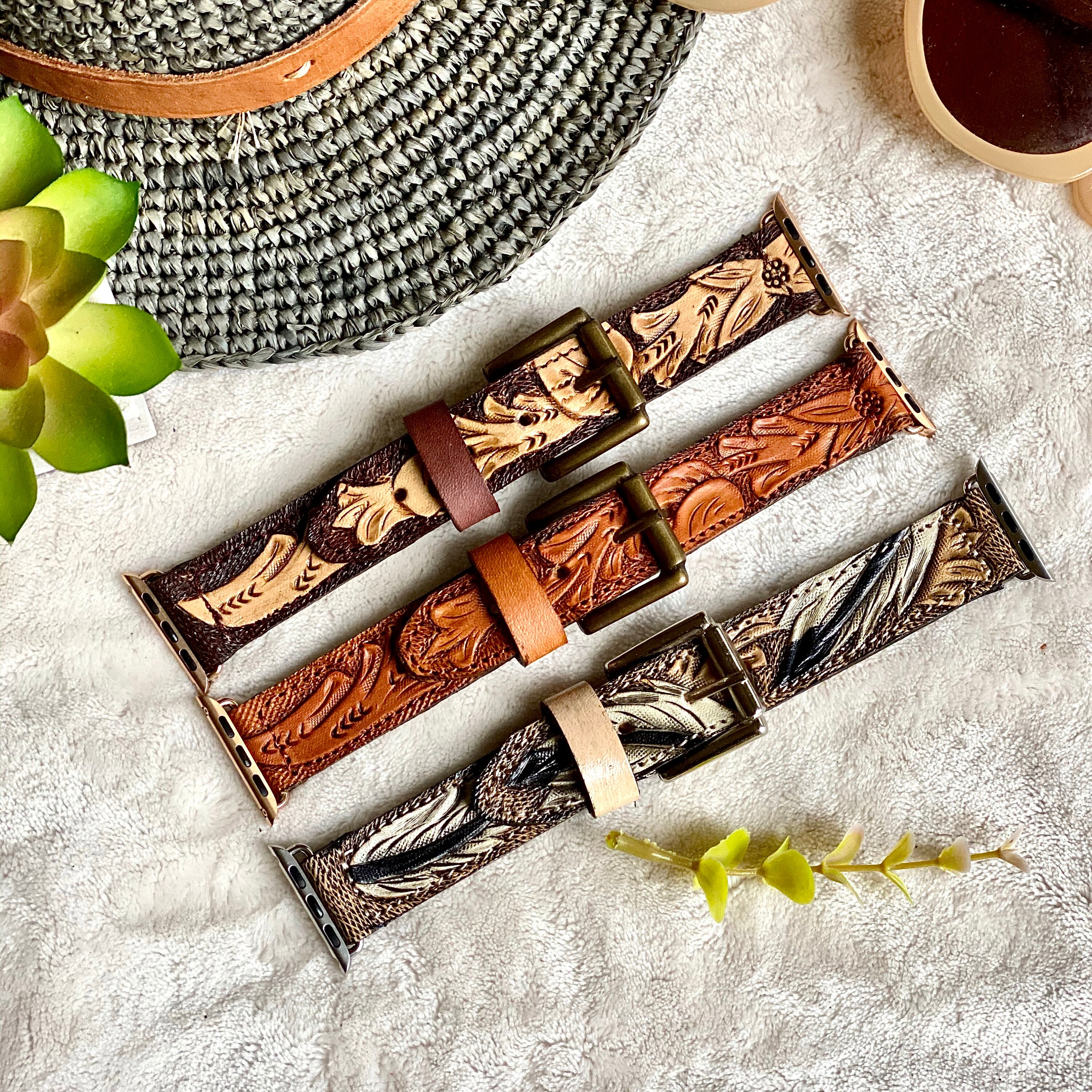 Handmade Tooled Apple Watch Band / Leather watch band. / Apple Watch 38