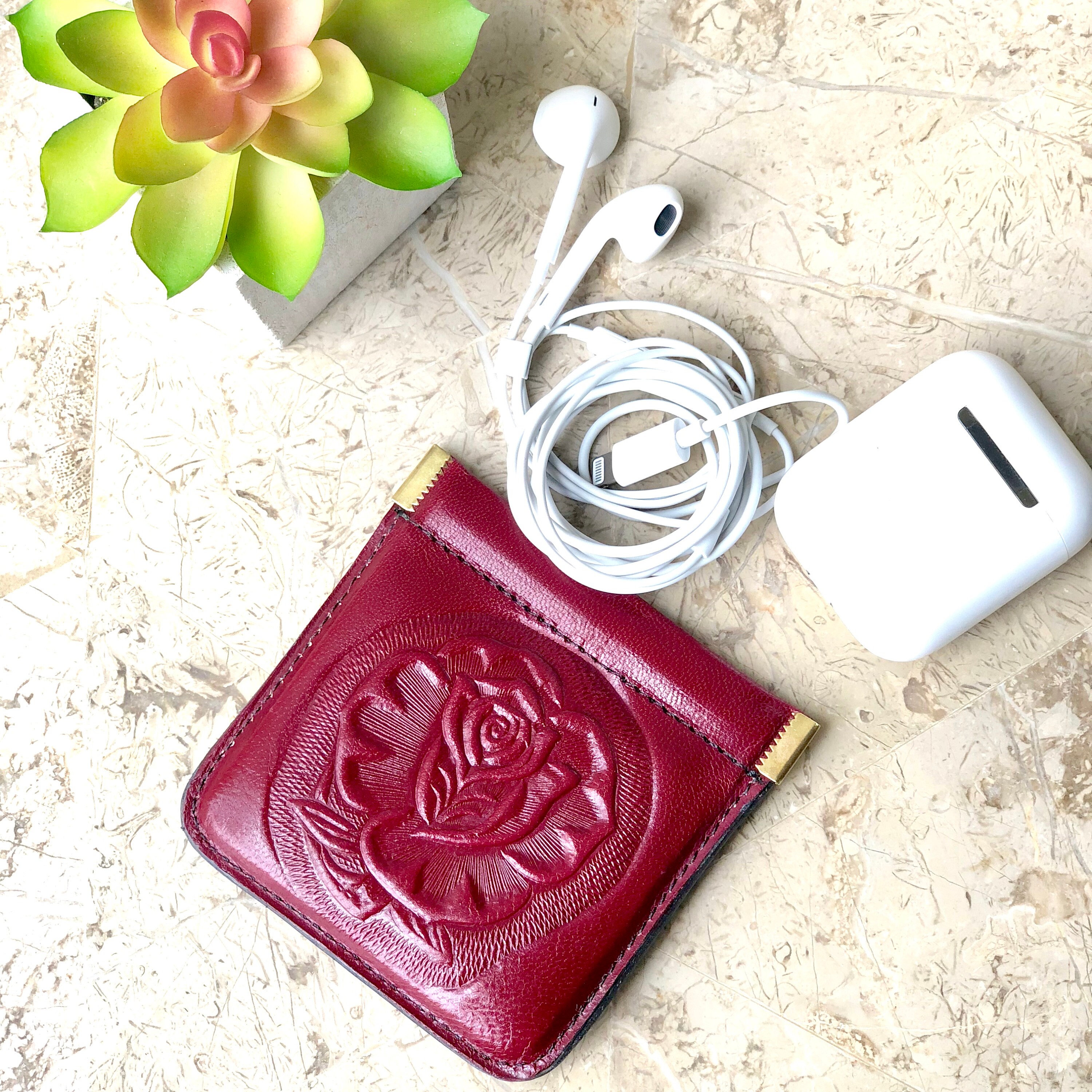 Leather Headphone Case, Tooled Leather coin purse, Tooled Leather