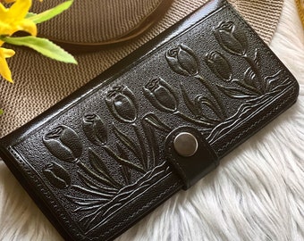 Personalized Floral Leather Wallet for Women • Small Bifold Boho Wallet • Handmade, Engraved Gifts • Sustainable Genuine Leather