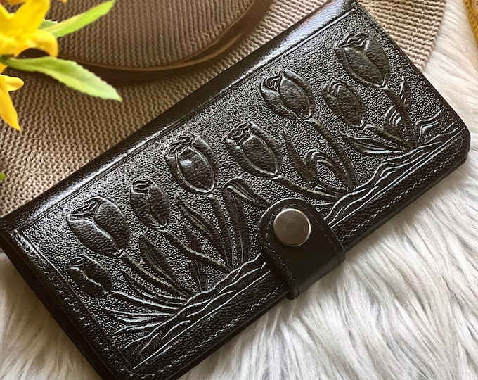 Personalized Floral Leather Wallet for Women • Small Bifold Boho Wallet • Handmade, Engraved Gifts • Sustainable Genuine Leather
