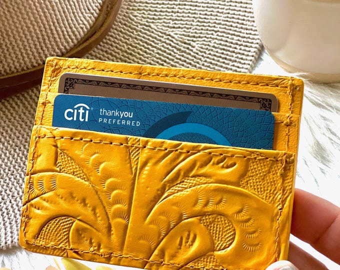 Handcrafted Carved Leather Card Holder • Minimalist Women’s Wallet with Keyring Option • Sustainable Gifts for Her