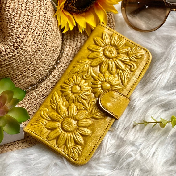 Sunflower Hand Carved Leather Wallet Custom Handmade 