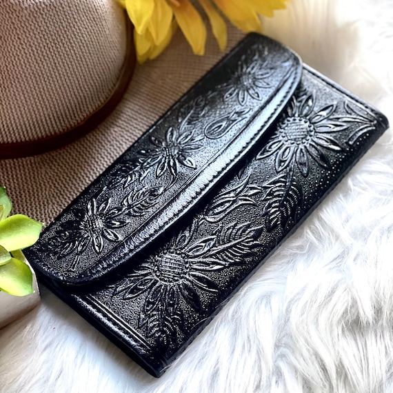 Black Sunflower Wallet for Women, Embossed Floral Bifold Wallet, Tooled Leather Clutch Wallet, Western Boho Gift for Mom