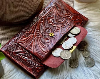 Handmade Carved Leather Wallet: Floral Bohemian Style